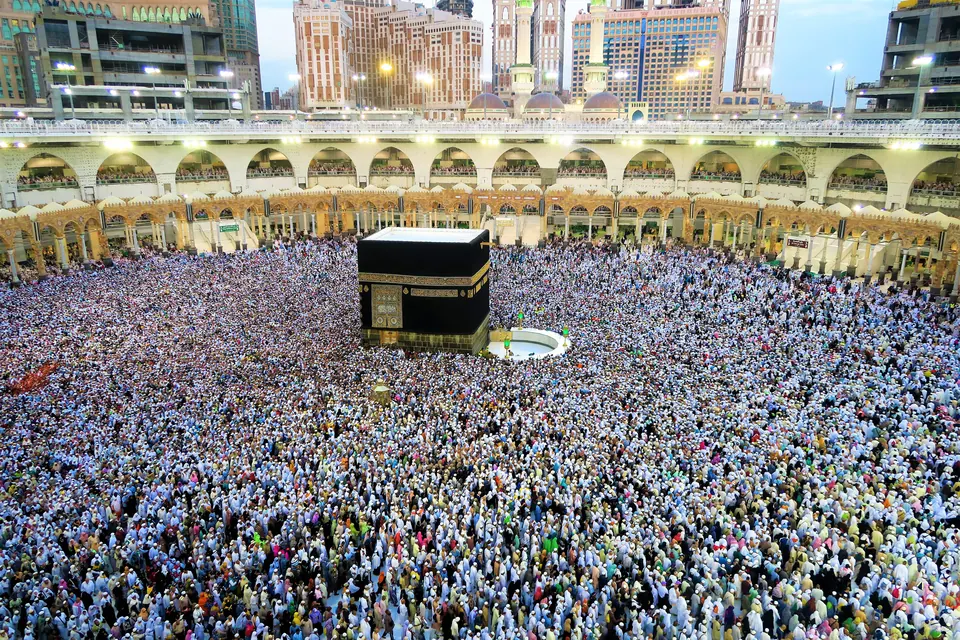 Pilgrims circling the Kaaba in the Grand Mosque at Makkah